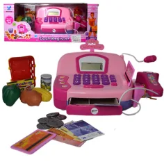 Rosa funktionale elektrische Registrierkasse mit Mikrofon, Spielgeld und Sound