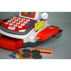 Rote funktionale elektrische Registrierkasse mit Förderband, Produkten und Sound. Bild 6