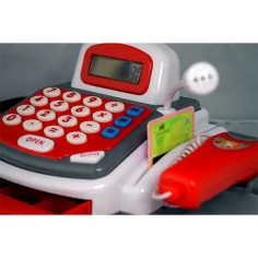 Rote funktionale elektrische Registrierkasse mit Förderband, Produkten und Sound. Bild 7