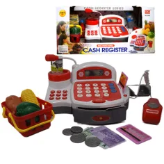 Rote funktionale elektrische Registrierkasse mit Spielgeld, Produkten und Geräuschen Bild 2