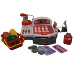 Rote funktionale elektrische Registrierkasse mit Spielgeld, Produkten und Geräuschen Bild 3