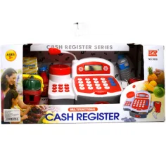 Rote funktionale elektrische Registrierkasse mit Spielgeld, Produkten und Geräuschen