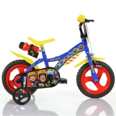 Sam, ein Feuerwehrmann 12” Kinderfahrrad mit Flaschenhalter und Stützrädern in Blau-Gelb – Dino Bikes Fahrrad