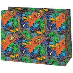 Skateboard fahrender T-Rex mittelgroße Geschenktasche 18x10x23cm